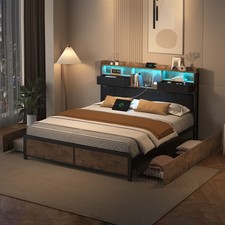 Polsterbett Doppelbett mit LED,USB 160x200cm Metallbett mit Lattenrost Stauraum