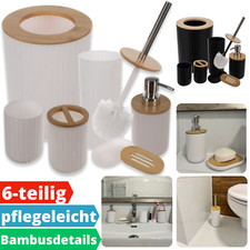 Badezimmer Set Zubehör Bürste Seifenspender Schwarz Weiß Bambus 6tlg.Badset WC