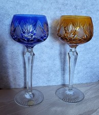 2x Römer Echt Bleikristall Weingläser Blau Orange alte Serie Rar Mundgeblasen 19