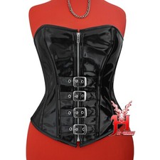 Victorian Vintage Bustier Overbust Steel Boned Buckle Black PVC Corsets Hi-75