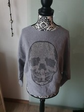 Damen Pulli Grau Glitzer Totenkopf S Mädchen Basic Modern Outfit Blogger 