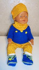 Puppenkleidung 43 cm Babypuppe 5 Tlg. Mütze+Loop+Pulli+Hose+Schuhe NEU Handarb.