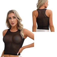 DE Damen Shirt Transparentes Ärmellos T-Shirt Crop Tops Mesh Oberteile Bluse