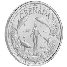 Grenada  2 $ 2024 EC8 Shark Diver  1 Oz Silber Proof Like auf Cardboard