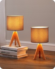 EDISHINE 2er Set Nachttischlampe aus Holz, Stativ Tischlampe Grau,E27 Fassung,