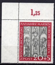 Bund 140 20+5 Pf Marienkirche 1951 Eckrand oben links, Ecke 1, postfrisch