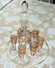 Likör Set Karaffe 5 Gläser alt mundgeblasen mit Tablett um 1900