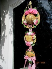 3teiliger Strohhut Wanddekoration  Türkranz Kunstblumen Rosa Weiße Rosen Nr.21;;