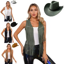 DE iEFiEL Damen Western Cowgirl Kostüm Wildleder Weste +Fransen Cowboy Hut Party