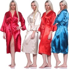 Damen Kimono Negligé Satin Nachtmantel Seidenrobe mit Spitze, Gr. S M L XL 2XL
