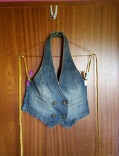 Cropped Vintage Jeansjacke Ärmellose Jeans Jacke blau Neckholder Top Halterneck