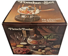 70er Vintage NEU Tchibo Fondue Set 6 Personen Emaille Holzgriff Käsefondue Retro
