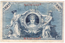 Deutsches Reich 1908 Banknote 100 Mark / Reichsbanknote Ein Hundert Stempel rot