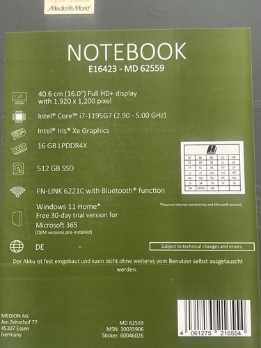 Medion laptop 16zoll - 16zoll, i7