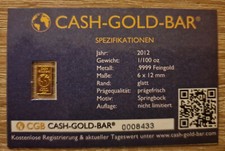 CASH-GOLD-BAR 2012 1/100 OZ Springbock Prägefrisch, 0,3g, .9999 Gold,Prägefrisch