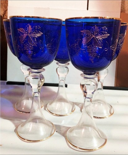 Weingläser blau böhmen 5er - weingläser,