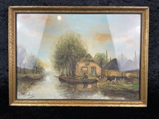 Aquarell ländliche Flusslandschaft Gehöft Boote Rinder signiert gerahmt Um1900