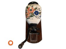 Antike Wandkaffeemühle Keramik floralen Mustern Mahlwerk Auffangschale