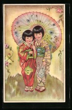 Künstler-AK Erna Maison-Kurt: Japanische Mädchen im Kimono unterm Sonnenschirm 