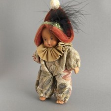 Vintage 6 Zoll deutsche Clownpuppe aus Biskuit, Zirkuspuppe verbunden mit Gummiband