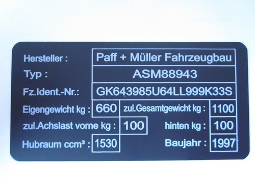 Typenschild anhänger kfz - typenschild,