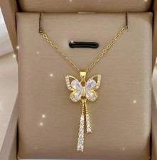 Exquisites Zirkonia Schmetterlingsquaste Kette Halskette Damen vergoldet 