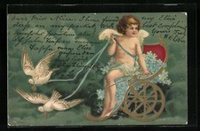 Ansichtskarte Engel in Kutsche mit Tauben 