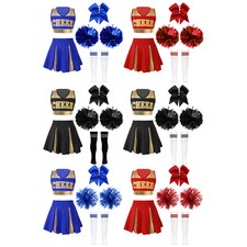 DE Cheerleader Kostüm Kinder Cheer Uniformen mit Pompons Socken und Haarreif 