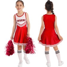 DE Mädchen Cheer Leader Uniform Ärmellos Tanzkleid 2 Pompoms Socken Outfits 