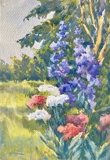 Großes unleserlich signiertes Aquarell, Blumenpracht