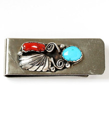 Indianer Geldclip Geldklammer Geldspange versilbert Blume Silber Türkis Koralle