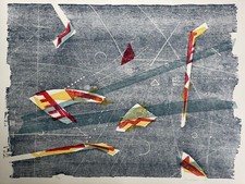 Werner Merzhäuser signierter Farbholzschnitt abstrakte Komposition Aufl. 30 1991