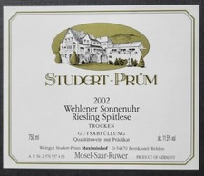 Weinetikett Studert-Prüm 2002 Wehlener Sonnenuhr Riesling Spätlese Trocken MOSEL