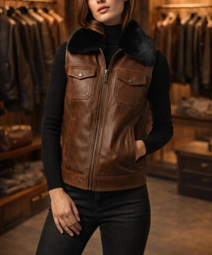 Damen braun lederweste - lederweste, –