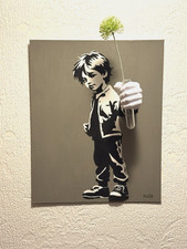 Banksy 3D Acrylbild 40x50 cm Schwarz Weiß Kunst Pop Art Unikat Vase Streetart