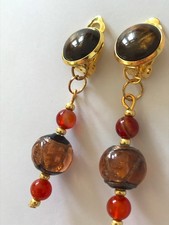 Ohrclips / kleine Achatperlen / Vintage Lampwork-Glas / Cabochon mit Goldstaub /