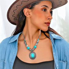 Boho-Chic Türkis & Perlen Anhänger Halskette - Vintage Indian Style