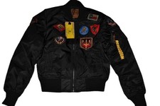 AUTHENTISCH Damen Top Gun MA-1 Nylon Bomberjacke Mit Aufnähern Schwarz NWT