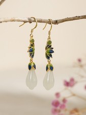N10 Ohrringe Magnolien-Blüte aus heller Jade bunte Blüte Sterling Silber 925