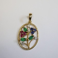 Safir, Smaragd, Rubin, Diamant Blumen Kettenanhänger 585 Gold, 25 mm = 1,5 g