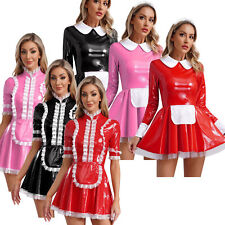 DE Damen Maid Sexy Wet look Dienstmädchen Gothic Freche Französisch Maid Kostüm 