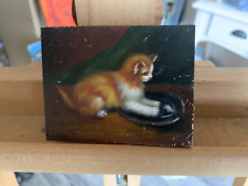 Ölgemälde Lupenmalerei Miniatur in Öl auf Malbrett spielende Katze mit Hut 9x7