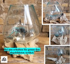 Deko Glas auf Teak Holz Wurzel mundgeblasen Vase Glasschale Bali Blumenvase