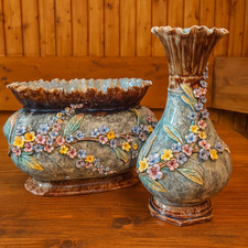 Antike Vase & Schale Keramik Jugendstil Blütendekor um 1900