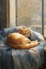 Katze Poster am Fenster – gemütliches Katzenbild, Ölmalerei Stil, Wandbild