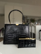 Vintage Echt Krokodilleder Damen Handtasche mit Zugehörigem Portmonee Schwarz