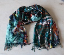 MJ - Stola Schal Viskose-Wolle-Kaschmir-Mix -Grün bunt bds. verschiedene Muster