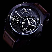 Elite Große Herren Armband Uhr Braun Weiß 3 Uhrzeiten Tritimer