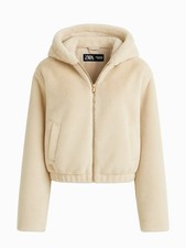 ZARA Damen Teddyfell Jacke Beige Größe M Kapuzenjacke Kuschelig Top 