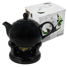 Glasierter Keramik Teekanne Set mit Stövchen und Teelicht 1000 ml - 1L Schwarz